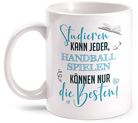 Fashionalarm Tasse Studieren kann jeder - Handball Spielen | beidseitig Bedruckt mit Spruch & Motiv | Geschenk-Idee für Handballer Spieler, Weiß 330 ml