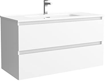 Salgar Mueble de baño Bequia 100 cm con Lavabo 100% montado de fábrica | Acabado Blanco Mate suspendido 2 cajones Cierre amortiguado Apertura con uñero | Lavabo Porcelana Blanca | Marca