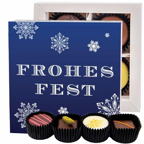 Hallingers Genuss Manufaktur Pralinen Weihnachts-Geschenk - ohne Alkohol, handmade aus Confiserie-Edelkakao in wertiger Geschenkbox Frohes Fest Blau, Weihnachten für Frauen Männer