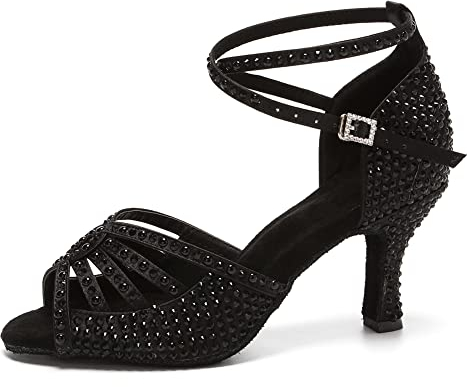 JUODVMP Zapatos de Baile Latino para Mujer Rhinestones Negro Estándar Salsa de Salón Tango Moderno Profesional 7.5cm Tacón,38EU