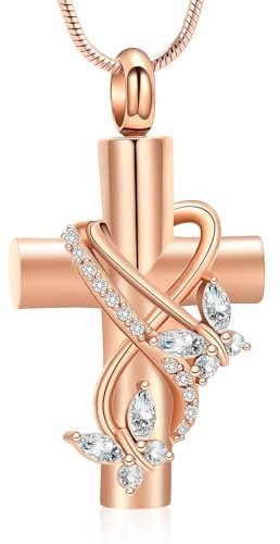 VCCWYQK Urne Halsketten für Asche für Frauen Schmetterling Kremation Schmuck für Asche, Kreuz mit Kristall Schmetterling Memorial Asche Anhänger Keepsake Schmuck Geschenke für geliebte Menschen