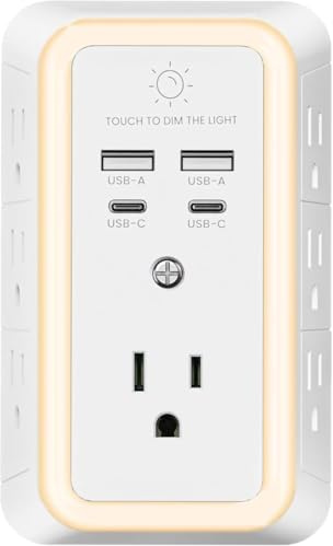 Wall Charger Surge Protection, Socket Extension with Night Light, USB Wall Charger with 2 USB C and 2 USB Ports, 3-Sided Power Strip with Adapter Spacer Sockets for Home Office