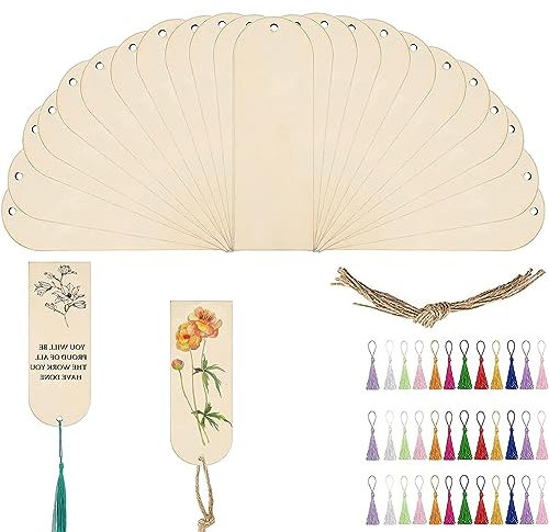 102pcs Wood Blank Bookmarks, BetterJonny 36pcs DIY Craft Bookmark Half-Round Top Hanging Tags with Holes and Ropes with 36pcs Multicolor Tassel and 30 Ropes