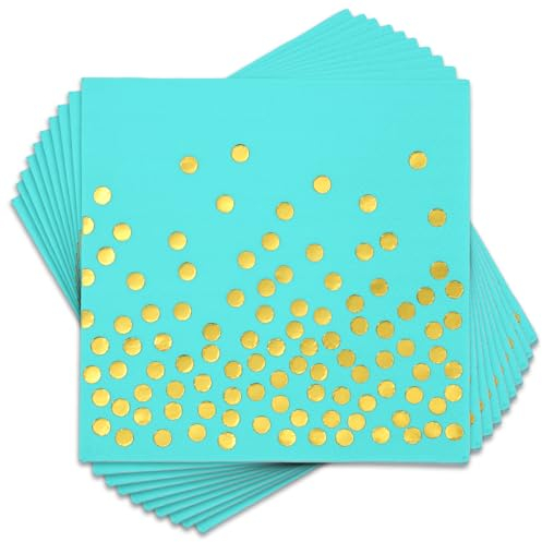 100 Stück blaugrüne Papierservietten Einweg-Servietten – 3-lagig, blaugrün, goldfarbene Punkte, Cocktail-Party-Servietten für Geburtstag, Abendessen, Hochzeit, Partyzubehör