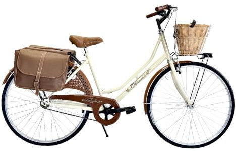MADICKS Damen-Fahrrad Holland, Größe 26, Vintage-/Retro/Beige, mit Korb (Korb aus Weide und Taschen)