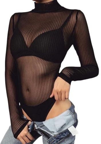 SamHeng Sheer Bodysui for Women Long Sleeve Black Bodysuit Stretchy See Through Mock Neck Slim Fit Sexy Jumpsuit Mesh Top Leotard Clubwear-M