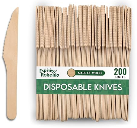 Espirito Rebelde 200 Couteaux Jetables en Bois 16 cm | Couvert Jetable : Idéal pour les Pique-niques, Camping, Événements