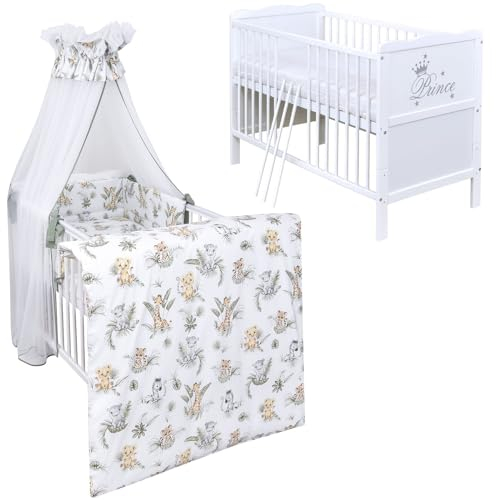 Generic Babybett Komplett Set Max Prince 60x120 weiß Kinderbett umbaubar zum Juniorbett inkl. Bettwäsche Set Komplett (Dschungel)