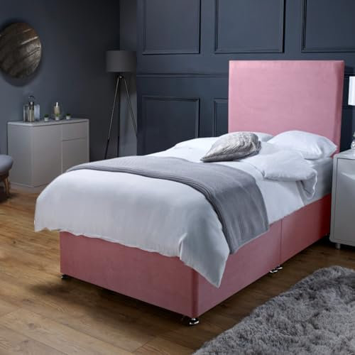 Savako 3ft Single Divan Bed with Mattress Included, Adults + Children Suited (Padded Headboard + Single Bed with Mattress Included) (90cm x 190cm) Pink Plush