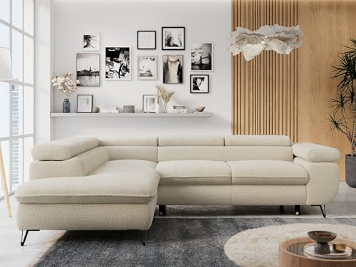 MKS MEBLE Ecksofa Sofa Beige, Wohnlandschaft L-Form mit Schlaffunktion und Bettkasten, Schlafsofa mit Bettkasten, Sofa mit Einstellbare Kopfstützen, Peter L - Beige Boucle - Links Beige