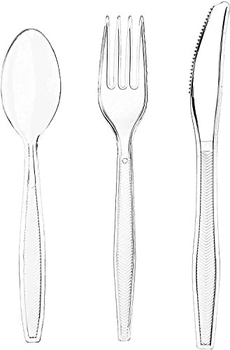Generic Heavy Duty Clear Reusable Cutlery Set of 300 Pieces Includes 100 Forks, 100 Spoons and 100 Knives -Reusable Clear Cutlery for Tableware, Parties and Dinnerware