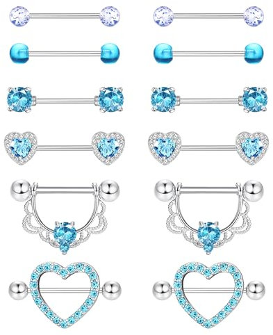 Diamday 6 Paires Piercing Teton pour Femme 316L Acier Chirurgical Langue Piercings 14G Piercing Tetons Hypoallergénique CZ Coeur Barbell de Téton Mamelons Piercings Langue Tétons Femme
