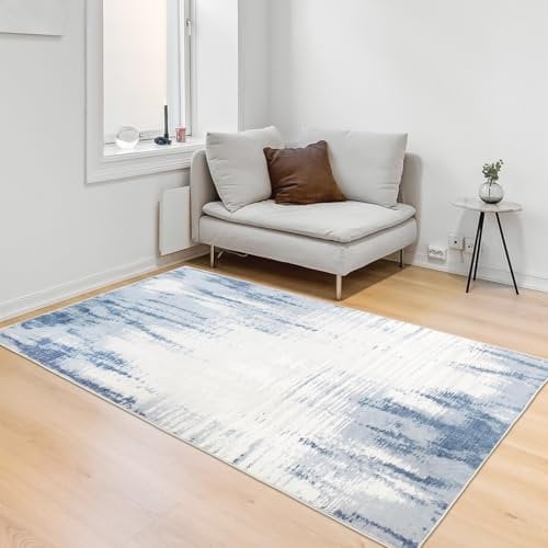 Terafeels Bluew White Modern Area Rug - 80 x 150 cm Vintage Abstract Rugs Non-slip Carpets for Living Room Bedroom Office Indoor Decoration (10080)