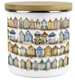 Purely Home Beach Huts Storage Canister - Seaside Beach Coastal Gift - Metal Enamel Kitchen/Bathroom Storage Container