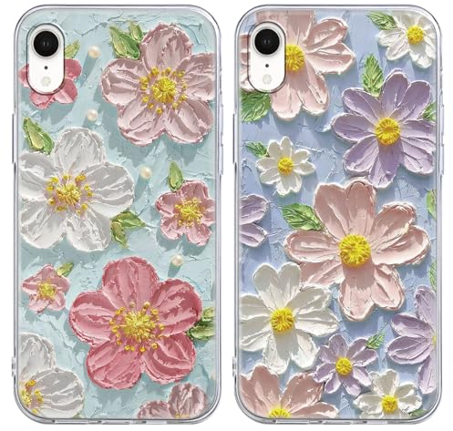 Yoedge 2 × Trasparente Cover per iPhone XR 6,1 - Custodia Fiori Disegni Fiore Olio per Telefono in con Aesthetic Motivi Design, Custodie per Cellulare in Silicone TPU per iPhone XR Case