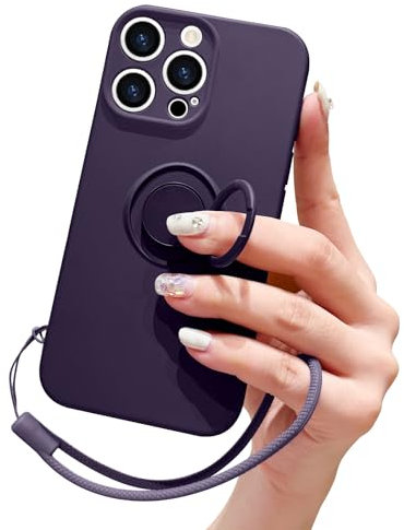 Pepmune Compatible with iPhone 16 Pro Max Case Liquid Silicone with Ring Holder Kickstand Magnetic Car Mount Detachable Wrist Strap Shockproof Soft Protective Cover-Dark Purple