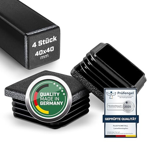 Plasticmetall Lamellenstopfen 40x40 mm aus PE 4 STK. [FUNKENEROSION-Struktur] Rohrstopfen für Aluprofil, Vierkantrohr, zur Rohrabdeckung von Edelstahlrohr, Alurohr, Stuhlbeinkappen, Endkappen, Kappe