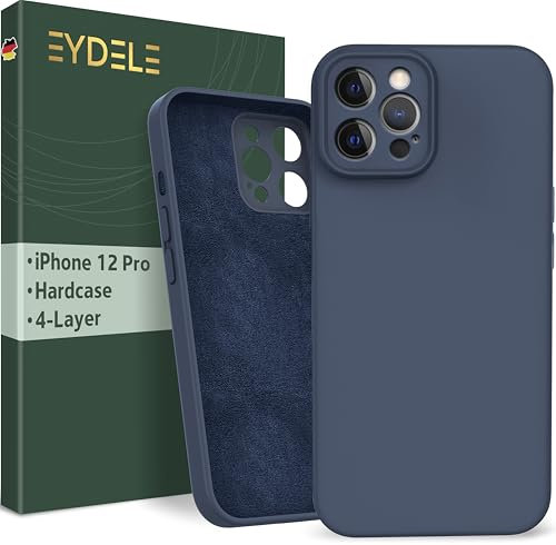 EYDELE Quadruple Protection pour iPhone 12 Pro - Case Rigide | Doublure Microfibre | Revêtement Silicone & Anti Traces de Doigts - Cover Bleu Nuit