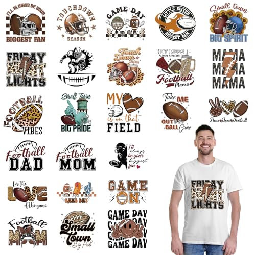 24 Sheets Football DTF Transfers Ready to Press Iron on Transfers for T-Shirts, Football Iron on Patches Heat Transfer Vinyl Sport Iron on Decals, DIY Heat Transfer Stickers for Clothes Bag Pillow