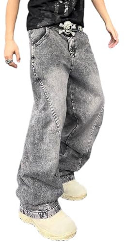 Zewool Jeans Baggy da Uomo con Cuciture Irregolari – Pantaloni in Denim Wide Leg Y2K Hip Hop Moda Casual Streetwear vestibilità Larga Gamba Dritta Fit Relaxed Skater Skateboard,E10 Grigio,L