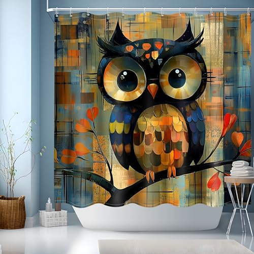 JINGYOU Duschvorhang 180x180,Duschvorhang Wasserdicht mit Gewicht Badezimmer Vorhang Badewannenvorhang Polyester Textil mit Muster mit Ösen und 12 Duschvorhangringe für Badezimmer, Badewanne,Eule