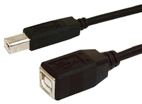 Conector USB 2.0 Tipo B macho a B hembra, ideal para extensiones de cable y dispositivos periféricos.
