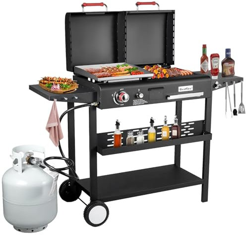 Bestfire Dual Fuel Propane Gas Charcoal Grill Combo Black Dual Lids, Flat Top Grill With 2 Side Shelves for Outdoor and Backyard Cooking