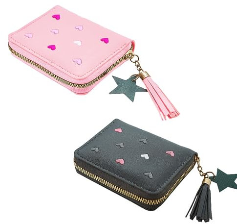 2 Stück Kleines Portemonnaie Damen, Nette Portmonee Kinder, PU Leder Mini Geldbörse Kinder mit Quaste Reißverschluss für Kinder Teens Mädchen Frauen(Schwarz Rosa)