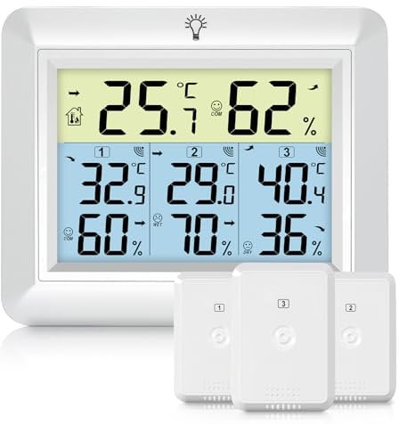 Urageuxy Funk Thermometer mit 3 Außensensoren - Wetterstation mit 100m Reichweite, Digital Hygrometer Thermometer mit Großem LCD-Display, MIN/MAX-Aufzeichnung, Einfache Bedienung (Weiß)