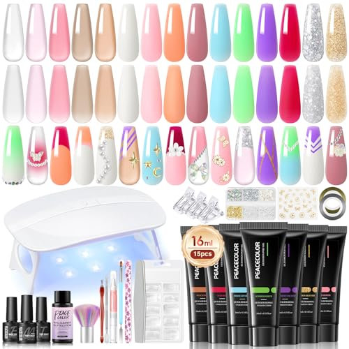 PEACECOLOR 35Pcs Poly Nail Gel Extensions Kit,15 Colours Gel Nail Extension Kit Glitter Nude Pink Brown Clear Builder Nail,Slip Solution for Poly Nails, Gifts Set for Women and Girls