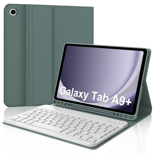 FOGARI Funda con Teclado para Samsung Tab A9+ 11, Español Ñ Teclado Bluetooth Desmontable con Portalápices para Galaxy Tab A9 Plus 11, Verde Oscuro