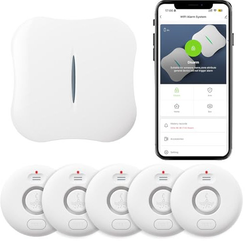 Lot de 5 détecteurs de fuite d'eau WiFi 120 dB réglables - Alarme de fuite d'eau et de goutte à goutte - Alertes par application - 5 capteurs d'alarme d'eau et 1 concentrateur pour la cuisine, la