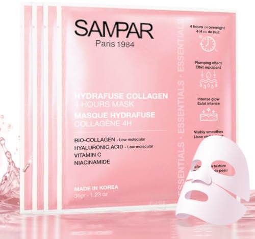 SAMPAR Paris | Masque Collagène Visage Coréen Hydrafuse 4H | 4 Monodoses | Bio Collagène, Acide Hyaluronique, Vitamine C, Niacinamide | Anti Rides | Pose 4H ou Nuit | Effet Glass Skin