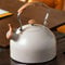 Stove Top Kettle, 2.5 Quart Whistling Kettle for Gas Hob with Wood Pattern Handle Loud Whistle Food Grade Stainless Steel Kettle Cream, Anti-Hot Handle and Anti-Rust, Suitable for All Heat Sources