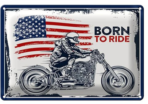 Vintage Blechschild | Born to Ride | Motorradfahrer | USA Flagge | Retro Dekoration | 20 cm x 30 cm