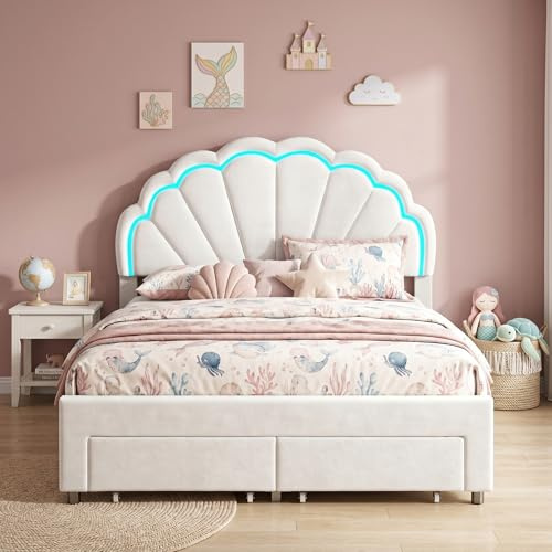 JYCRA Polsterbett Kinderbett 140x200cm, Einzelbett Mädchenbett mit Lattenrost, Bett mit Kopfteil in Blumenform, Doppelbett Jugendbett Bettgestell mit Bezug aus Samtstoff, Bohnenrot (Weiß, 140x200 cm)