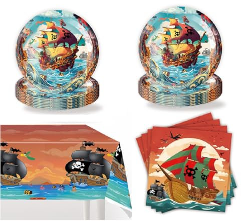 Vaisselle d'anniversaire pirate - Assiettes en carton - Décoration de fête d'anniversaire - Motif bateau pirate - Orange - 2