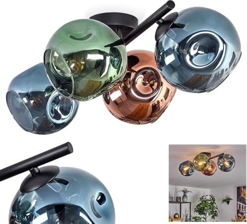 HOFSTEIN Deckenleuchte Ripoll, 4-flammige Deckenlampe aus Metall/Glas in Schwarz/Blau/Grün/Kupfer, moderne Leuchte im Retro/Vintage-Design (Schirme Ø 15 cm), E14, Esszimmer, Wohnzimmer, Schlafzimmer