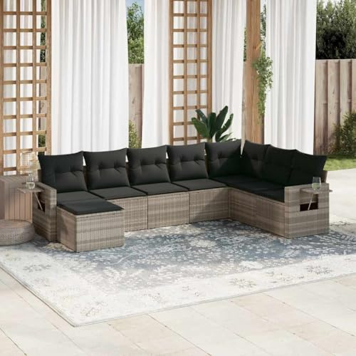 LVHUIDEH 8er Set Gartenmöbel, Garten-Sofagarnitur mit Kissen, Sitzgruppe, Wetterfest Terassenmöbel, Hellgrau Poly Rattan