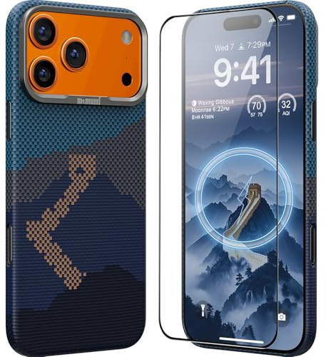 memumi Magnetische Carbon Hülle für iPhone 17 Pro,[mit Schutzfolie] kompatibel mit Mag-Safe,3D Gewebte Aramidfaser handyhülle, Ultradünn Hülle mit Fallschutz für iPhone 17 Pro -Lange Mauer