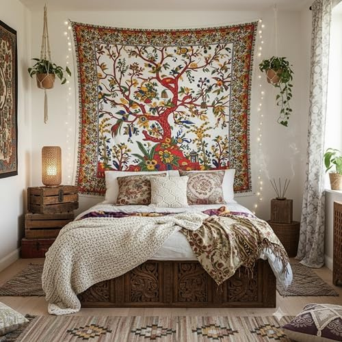 Craft Trade Weiß Baum Wandteppich Indische Wandtuch Tapestry Wandbehang Boho Wandteppiche für Heimdeko Wohnzimmer und Schlafzimmer - 213 x 228 cm