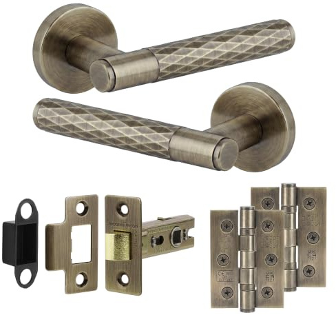 Decoranddecor Antique Brass Door Handles Internal Latch and Hinges Set | CE marked, 44 mm backset latch, 76 mm hinges, built to last Internal Door Handles, fits 35-40 mm doors, Tore Range