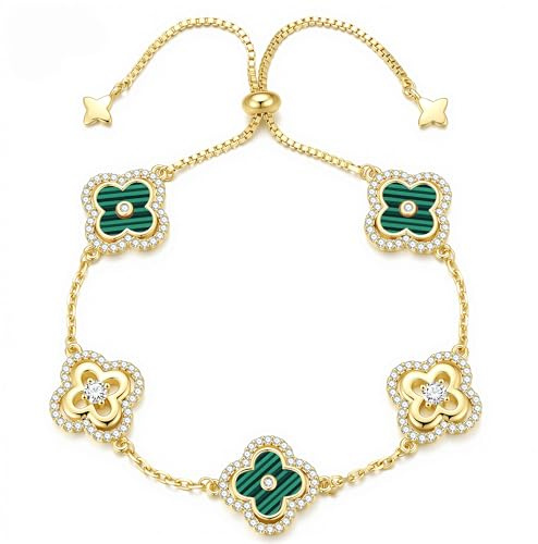 Turandoss Bracelet trèfle pour femme - Plaqué or 14 carats - Zircon cubique - Trèfle à quatre feuilles - Bracelet porte-bonheur - Cadeau pour femme et fille