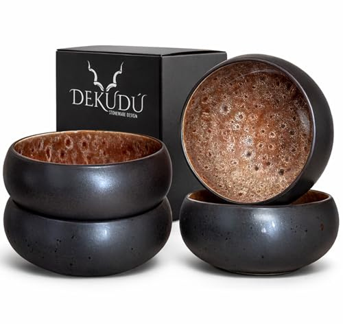 DEKUDÙ Ciotola colazione Piatti Moderni Ciotole Zuppa Ceramica Gres di Qualità - Realizzata a mano - 4 pezzi ∅ 15,5 cm - Elevata durezza - Lavabile in lavastoviglie e Adatto microonde - Nero