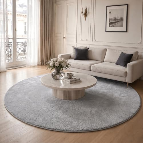 VOUNOT® Tappeto Morbido a Pelo Corto Rotondo 200 cm, per Salotto e Camera da Letto, Lavabile in Lavatrice, con Doppio Sistema Antiscivolo, Stile Moderno, Grigio