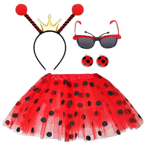 Generisch Lady Bug Kostüm Mädchen, Marienkäfer Feenflügel Kostüm Zubehör Set, Rote Tutu Bug Sonnenbrille Stirnband Bein Warmer Fingerlose Handschuhe Gesicht Aufkleber für Halloween Karneval Party