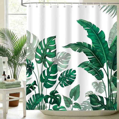 hometrixx Sommer Duschvorhang Tropische Blätter Monstera 180x200 Dunkelgrün | Wasserdicht Polyester, Maschinenwaschbar, Badevorhänge mit 12 Ringe, Schimmelresistent Badezimmervorhang für Dusche Bad