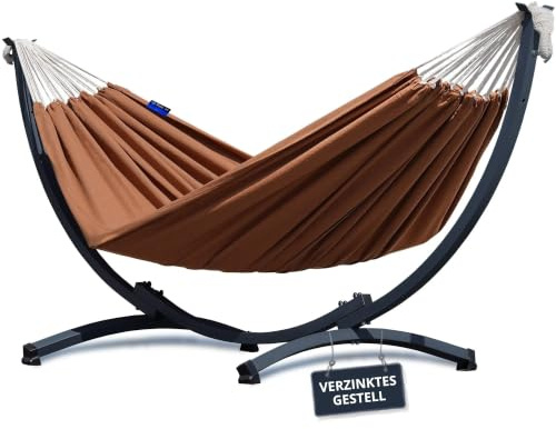 Potenza Hängematte mit Gestell I Stabiler Rahmen 200kg - 250cm Balkon I Hängematte 200x120cm I Indoor Outdoor Garten Pool Terrasse Stahl (Verzinktes Gestell Graphit, Braun)