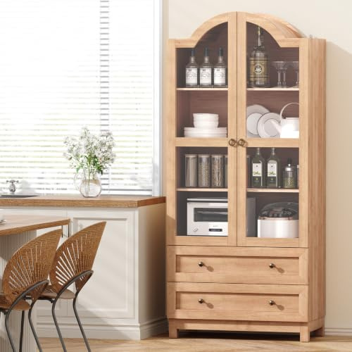 AMLANCHER Küchenschrank, 180cm Hochschrank Gewölbter Küchenbuffet, Buffetschrank mit 2 Schubladen, Magnetverschluss-Türen, Vorratsschrank für Küche, Esszimmer, Wohnzimmer, 40 x 80 x 180 cm, Naturholz