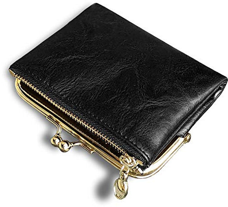 AOXONEL Geldbörse für Damen, klein, RFID, kompakt, doppelt gefaltet, Leder, Vintage-Stil, Münzgeldbörse mit Reißverschluss und Kussschloss (schwarz)